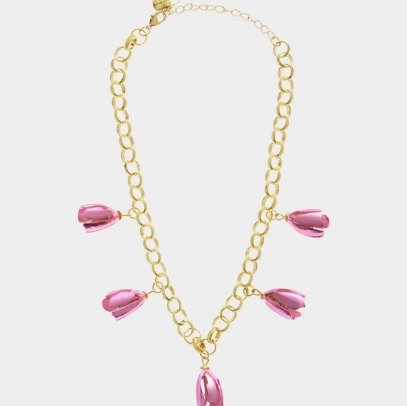 🔹️BETSEY JOHNSON🔹️Pink Garden Glam Tulip Charm Chain 16"  Necklace - Picture 6 of 13